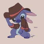  2018 4_fingers 4_toes absurd_res alien black_eyes blue_claws blue_fur blue_nose bottomless character_name chest_tuft claws clothed clothing colored_sketch disney ears_back experiment_(species) fur hat hi_res lilo_and_stitch looking_at_viewer notched_ear open_jacket pose signature simple_background small_tail solo stitch tan_background toes tuft yuki_kusama 