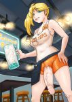  1girl aqua_eyes blonde_hair breasts cum cum_in_container cumdrip ejaculation erect_nipples from_below futanari grin hooters jug long_hair looking_at_viewer neone neone-x newan penis side_ponytail solo tagme uncensored veiny_penis 