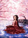  absurdres bad_id bad_pixiv_id black_hair brown_eyes cherry_blossoms chinese_clothes collarbone day dress hanfu higandgk highres long_hair original outdoors red_dress sitting smile solo tree very_long_hair water 