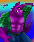  2018 abs anthro bernard_(ok_k.o.!_lbh) big_muscles canine cartoon_network clothed clothing digital_media_(artwork) fur hi_res ligoni male mammal muscular muscular_male nipples ok_k.o.!_let&#039;s_be_heroes open_shirt pecs purple_fur shirt simple_background solo teeth tuft were werewolf 