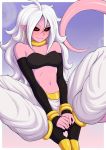  2018 absurd_res ahoge alien android_21 anklet arm_warmers armwear black_clothing black_nails black_sclera blush border bracelet breasts clothed clothing colored_nails dragon_ball dragon_ball_fighterz ear_piercing female footwear gold_(metal) gold_jewelry gradient_background hair hi_res high_heels hoop_earrings humanoid ittla jewelry long_hair looking_at_viewer majin majin_android_21 navel neck_ring nipple_bulge not_furry outside_border pants piercing pink_skin pink_tail pointy_ears red_eyes shoes simple_background sitting smile solo tube_top white_border white_hair 