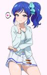  acchi_(koiyimknp) aikatsu! aikatsu!_(series) blue_scrunchie blue_shirt breasts cleavage closed_mouth collared_shirt contrapposto cowboy_shot dress finger_to_cheek hair_ornament hair_scrunchie heart heart-shaped_pupils highres index_finger_raised kiriya_aoi lifted_by_self long_sleeves looking_at_viewer medium_breasts miniskirt navel no_jacket panties pantyshot pantyshot_(standing) pink_dress pleated_skirt school_uniform scrunchie seductive_smile shiny shiny_hair shirt short_hair side_ponytail skirt skirt_lift smile solo speech_bubble spoken_heart standing starlight_academy_uniform sweat symbol-shaped_pupils underwear white_panties white_skirt 