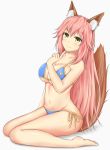  absurdres animal_ears bikini blue_bikini blush breasts cleavage closed_mouth collarbone fate/grand_order fate_(series) finger_to_mouth fox_ears fox_tail groin highres large_breasts long_hair looking_at_viewer navel pink_hair side-tie_bikini simple_background sitting solo swimsuit tail tail_raised tamamo_(fate)_(all) tamamo_no_mae_(swimsuit_lancer)_(fate) very_long_hair white_background yellow_eyes yuyusuika 