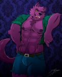  2017 abs anthro canine cartoon_network clothed clothing digital_media_(artwork) fur male mammal muscular nipples ok_k.o.!_let&#039;s_be_heroes open_shirt pecs purple_fur shirt simple_background solo teeth tuft were werewolf 
