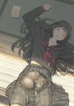  belly_peek bionekojita black_hair black_serafuku black_skirt book cat closed_eyes commentary highres long_hair lying midriff on_back open_mouth original pleated_skirt school_uniform serafuku skirt sleeping solo tatami uniform 