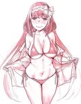  bikini blush breasts cleavage commentary_request embarrassed fate/grand_order fate_(series) hair_ribbon hairband large_breasts long_hair low_twintails monochrome navel nekomata_naomi open_clothes open_shirt osakabe-hime_(fate/grand_order) ribbon side-tie_bikini solo sweatdrop swimsuit twintails very_long_hair wavy_mouth 