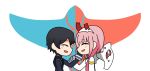  1girl black_hair blush chinese_commentary closed_eyes commentary_request couple darling_in_the_franxx english_commentary flat_color hand_on_another's_face hiro_(darling_in_the_franxx) horns long_hair pilot_suit pink_hair tashidraw zero_two_(darling_in_the_franxx) 