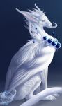  2017 blue_eyes curved_horn dragon ear_piercing feathered_dragon feathered_wings feathers fur furred_dragon horn piercing simple_background sitting varaann white_feathers white_fur wings 