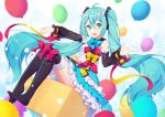  amemiya_ruki aqua_eyes aqua_hair bow dress hatsune_miku headphones long_hair ribbons thighhighs twintails vocaloid 