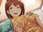  1girl :d aoi_chizuru apron bangs blush breast_grab breasts brown_eyes brown_hair commentary_request dutch_angle eyebrows_visible_through_hair fingernails from_below grabbing green_sweater hand_on_own_chest head_out_of_frame hetero indoors kindergarten_teacher large_breasts looking_at_viewer looking_down name_tag open_mouth original plaid plaid_apron pov short_hair smile solo_focus sweater translation_request yellow_apron 