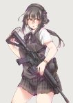  assault_rifle ayyh black_hair bow ear_protection gun heckler_&amp;_koch highres hk416 holding holding_gun holding_weapon magazine_(weapon) orange_eyes original plaid plaid_skirt rifle school_uniform simple_background skirt solo sweater_vest weapon 