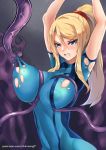 1girl areolae artist_name blonde_hair blue_eyes bodysuit breast_grab breasts covered_navel erect_nipples inverted_nipples large_breasts metroid mole mole_under_mouth nintendo nipples open_mouth phandit_thirathon ponytail restrained samus_aran skin_tight tentacle torn_bodysuit torn_clothes web_address zero_suit 