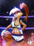  anthro ball basketball blue_eyes breasts buckteeth cleavage clothed clothing female group hand_on_hip hi_res human humanoid lagomorph lola_bunny looney_tunes mammal midriff mr.mist photo_background rabbit solo_focus teeth warner_brothers 