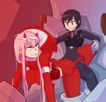  1girl black_hair blue_eyes breasts commentary commission couple covered_nipples darling_in_the_franxx english_commentary green_eyes highres hiro_(darling_in_the_franxx) horns large_breasts long_hair looking_back pilot_suit pink_hair sweat tenk zero_two_(darling_in_the_franxx) 