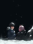  1girl black_hair blue_eyes book coat commentary couple darling_in_the_franxx green_eyes grey_coat highres hiro_(darling_in_the_franxx) holding holding_book horns long_hair looking_at_another night night_sky pink_hair red_skin reichiou signature sitting sky star_(sky) starry_sky younger zero_two_(darling_in_the_franxx) 