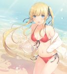  6u_(eternal_land) beach bikini blonde_hair blue_eyes blush breasts commentary_request cowboy_shot day jacket light_rays long_hair medium_breasts navel open_clothes open_jacket open_mouth red_bikini saenai_heroine_no_sodatekata sawamura_spencer_eriri shore side-tie_bikini sleeves_past_wrists smile solo swimsuit swimsuit_under_clothes twintails water white_jacket 