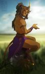  clothed clothing digitigrade hooves horn humanoid loincloth looking_at_viewer male outside ponytail satyr sitting smile smooshkin solo topless 