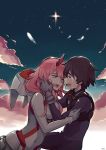  1girl absurdres black_hair closed_eyes cloud commentary couple crying crying_with_eyes_open darling_in_the_franxx daru face-to-face feathers green_eyes highres hiro_(darling_in_the_franxx) horns hug long_hair looking_at_another night night_sky pilot_suit pink_hair sky star_(sky) starry_sky tears zero_two_(darling_in_the_franxx) 