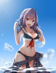  :d absurdres ahoge bikini blue_sky blush breasts brown_eyes cleavage cowboy_shot day eyebrows_visible_through_hair groin highres kantai_collection long_hair medium_breasts navel neve open_mouth outdoors purple_hair red_ribbon ribbon sarong sideboob signature sky smile solo standing sunlight swimsuit taigei_(kantai_collection) untied untied_bikini wading water 