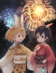  adapted_costume animal_ears bangs bionekojita black_hair black_sky closed_mouth commentary eye_contact feathers fireworks hair_between_eyes hair_feathers holding japanese_clothes kaban_(kemono_friends) kemono_friends kimono long_sleeves looking_at_another lucky_beast_(kemono_friends) multiple_girls night night_sky open_mouth outdoors print_kimono red_kimono sash serval_(kemono_friends) serval_ears serval_print short_hair sky smile tree watch wide_sleeves wristwatch 
