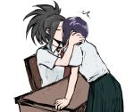  black_hair boku_no_hero_academia closed_eyes earlobes high_ponytail jirou_kyouka kiss multiple_girls necktie ponytail purple_hair shirt short_hair short_sleeves single_sidelock sketch skirt u.a._school_uniform vvvmung white_background white_shirt yaoyorozu_momo yuri 