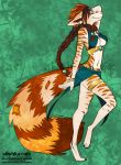  alishka anthro braided_hair canine clothing digitigrade eyes_closed feathers female fluffy fluffy_tail fur hair headdress loincloth mammal smile solo striped_fur stripes translucent transparent_clothing unknown_species walking 