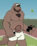 2018 5_fingers anthro ball big_muscles canine clothed clothing detailed_background digital_drawing_(artwork) digital_media_(artwork) fluffy male mammal muscular muscular_male paws purekoor solo standing tennis tennis_ball tennis_racket topless tuft wolf yellow_sclera 