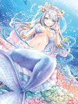  blue_eyes breasts cleavage fish flower hair_flower hair_ornament highres jewelry kamiya_zuzu large_breasts long_hair mermaid monster_girl navel necklace original shell_hair_ornament silver_hair smile solo starfish_hair_ornament underwater 