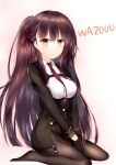  :t absurdres bad_proportions bangs black_legwear blazer blush breasts character_name closed_mouth collared_shirt commentary_request eyebrows_visible_through_hair framed_breasts girls_frontline gloves hair_ribbon hands_together highres jacket large_breasts long_hair looking_at_viewer necktie no_shoes one_side_up pantyhose pelvic_curtain pout purple_hair red_eyes red_neckwear ribbon shirt sidelocks simple_background sitting skirt solo thighs very_long_hair wa2000_(girls_frontline) wariza white_shirt yoko_(yang-tzu) 