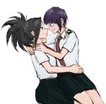  black_hair boku_no_hero_academia earlobes grin high_ponytail jirou_kyouka multiple_girls necktie ponytail purple_hair shirt short_hair short_sleeves single_sidelock sketch skirt smile u.a._school_uniform vvvmung white_background white_shirt yaoyorozu_momo yuri 