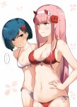  2girls bangs bikini blue_eyes blue_hair blunt_bangs breast_envy breasts commentary cowboy_shot darling_in_the_franxx deru06 english_commentary eyebrows_visible_through_hair flower green_eyes hair_flower hair_ornament hairband hairclip hand_on_hip horns ichigo_(darling_in_the_franxx) large_breasts long_hair medium_breasts multiple_girls navel pink_hair red_bikini short_hair side-tie_bikini sidelocks simple_background spoken_ellipsis swimsuit teeth white_bikini zero_two_(darling_in_the_franxx) 