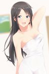  absurdres arm_up black_hair blue_eyes blurry collarbone commentary_request depth_of_field eyebrows_visible_through_hair hair_down highres idolmaster idolmaster_shiny_colors long_hair looking_at_viewer mitsumine_yuika naked_towel no_eyewear open_mouth smile solo taka-chan towel 