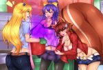  3girls animal_ears antenna_hair arc_system_works artist_request ass bare_shoulders belt blazblue blonde_hair blue_hair bow breasts brown_hair butt_crack curvy denim eyes_closed green_eyes hair_bow hair_ornament jeans large_breasts leaning leaning_forward long_hair mai_natsume makoto_nanaya multiple_girls noel_vermillion open_mouth orange_eyes pantyhose ponytail shiny shiny_hair shiny_skin shirt short_hair short_shorts shorts skirt smile squirrel_ears squirrel_tail sweatdrop tail thighs very_long_hair wide_hips 