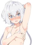  1girl ahoge arm_behind_head armpits bikini blue_eyes blush collarbone covering covering_breasts konno_junko long_hair looking_at_viewer low_twintails mamedenkyuu_(berun) open_mouth parted_lips silver_hair solo swimsuit twintails white_background white_swimsuit zombie_land_saga 