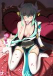  aqua_hair aqua_kimono arm_at_side artist_name bangs bed bed_sheet blush breasts collarbone condom condom_in_mouth condom_wrapper convenient_arm eyebrows_visible_through_hair fate/grand_order fate_(series) full_body hand_on_own_cheek heart heart_pillow highres horns japanese_clothes kimono kimono_pull kiyohime_(fate/grand_order) liquid long_hair looking_away looking_to_the_side medium_breasts mouth_hold nose_blush obi off_shoulder on_bed one_breast_out petals pillow round-bottom_flask sash shiny shiny_skin single_bare_shoulder sitting solo thighhighs very_long_hair wariza white_legwear yellow_eyes yuber.x 