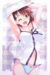  ;d armpits arms_up ass_visible_through_thighs between_breasts blue_panties blush bouncing_breasts breasts brown_hair camisole cleavage closed_eyes collarbone cowboy_shot eyebrows_visible_through_hair fang green_eyes hair_ornament hairclip head_tilt highres large_breasts lifted_by_self looking_at_viewer multiple_views navel necktie necktie_between_breasts no_pants one_eye_closed open_mouth original panties purple_ribbon ribbon shirt shirt_lift short_hair sleeping smile standing sweatdrop tareme underwear undressing uzuki_hiro white_shirt yellow_neckwear 