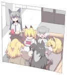  &gt;_&lt; alternate_costume animal_ears antlers blonde_hair blush book brown_hair collared_shirt contemporary drink ezo_red_fox_(kemono_friends) fang food fox_ears grey_hair handheld_game_console hifumitaka jaguar_(kemono_friends) jaguar_ears kemono_friends lion_(kemono_friends) lion_ears long_hair moose_(kemono_friends) moose_ears multicolored_hair multiple_girls necktie open_mouth otter_ears pleated_skirt pocky red_hair shirt short_hair silver_fox_(kemono_friends) sitting skirt small-clawed_otter_(kemono_friends) smile sweater tray white_hair 
