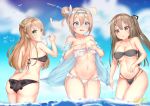  ahoge ass bangs bare_shoulders beach bikini blonde_hair blue_eyes blush bow breasts brown_eyes brown_hair cleavage cloud collarbone commentary_request day double_bun eating eyebrows_visible_through_hair food girls_frontline gmkj green_eyes hair_between_eyes hair_bow hair_ornament hairband hairclip highres ice_cream k-2_(girls_frontline) long_hair looking_at_viewer medium_breasts mouth_hold multiple_girls navel one-piece_swimsuit open_mouth popsicle rfb_(girls_frontline) side-tie_bikini smile standing suomi_kp31_(girls_frontline) swimsuit tongue water 
