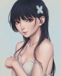  artist_name bangs bare_shoulders black_hair blue_background blunt_bangs bra breasts cleavage collarbone flower grey_background hair_flower hair_ornament hand_up highres long_hair looking_at_viewer medium_breasts miura-n315 nose parted_lips red_eyes sanka_rea sankarea simple_background small_breasts smile solo spaghetti_strap strap_slip underwear upper_body watermark web_address white_bra 