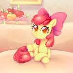  2018 apple apple_bloom_(mlp) cute cutie_mark earth_pony equine eyelashes female feral flower food freckles friendship_is_magic fruit hair hair_bow hair_ribbon hooves horse inside jumblehorse looking_at_viewer lying mammal my_little_pony orange_eyes picture_frame plant pony portrait red_hair ribbons solo young 