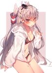  alternate_costume amatsukaze_(kantai_collection) arm_support bangs bikini black_bikini blush breasts brown_eyes cleavage collarbone embarrassed eyebrows_visible_through_hair hair_between_eyes hair_tubes hand_up hat highres hood hood_down hoodie kantai_collection legs_together long_hair long_sleeves looking_at_viewer mini_hat open_clothes open_hoodie open_mouth outside_border sidelocks silver_hair sitting small_breasts smokestack smokestack_hair_ornament solo soukou_makura swimsuit thighs two_side_up very_long_hair water_drop wet white_hoodie windsock zipper 