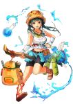  :d aqua_hair backpack bag belt belt_pouch black_shorts blue_ribbon blue_skirt book brown_eyes brown_footwear full_body geetgeet hat highres jewelry looking_at_viewer necklace open_mouth original potion pouch ribbon sandals shorts skirt smile solo staff twintails vial water 