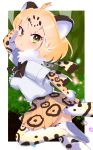  absurdres animal_ears blonde_hair bow bowtie center_frills commentary_request elbow_gloves eyebrows_visible_through_hair fur_collar gloves highres jaguar_(kemono_friends) jaguar_ears jaguar_print jaguar_tail jungle kemono_friends looking_at_viewer multicolored_hair nature pleated_skirt rinka_na31415 sandstar short_hair short_sleeves skirt solo sparkle tail thighhighs zettai_ryouiki 