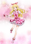  1girl :d aikatsu! aikatsu!_(series) ballet_slippers blonde_hair blush bow commentary dress eyebrows_visible_through_hair full_body hair_bow hairband happy heart highres hoshimiya_ichigo idol kurose_kousuke leg_up long_hair microphone necktie nose_blush open_mouth puffy_short_sleeves puffy_sleeves red_eyes ribbon round_teeth shiny shiny_hair shiny_skin shoe_bow shoes short_sleeves smile solo sparkle teeth upper_teeth wrist_cuffs 