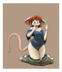  2017 anthro bottomless breasts brown_background brown_hair buckteeth clothed clothing female hair implied_transformation kneeling mammal mouse nipple_bulge open_mouth rodent shirt short_hair simple_background solo surprise teeth tgwonder 