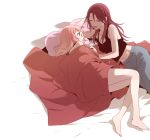  bang_dream! bed_sheet black_tank_top blanket closed_eyes crop_top denim fang green_eyes hair_between_eyes head_rest holding_hands jeans long_hair looking_at_another lying midriff multiple_girls naked_sheet navel on_side open_mouth pants pillow pink_hair pink_pillow re_ghotion red_hair smile udagawa_tomoe uehara_himari yuri 