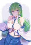  arm_under_breasts bangs bare_shoulders blue_eyes blue_skirt blush breast_hold breast_suppress breasts cai_geng closed_mouth collared_shirt detached_sleeves eyebrows_visible_through_hair green_hair hair_ornament hair_tubes hand_on_own_chest highres kochiya_sanae large_breasts long_hair looking_at_viewer midriff rain see-through shirt skirt snake_hair_ornament solo standing touhou wet wet_clothes white_shirt wing_collar 