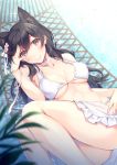  alternate_costume animal_ears ass atago_(azur_lane) azur_lane bangs bikini black_hair blurry_foreground blush breasts brown_eyes choker cleavage closed_mouth commentary_request extra_ears eyebrows_visible_through_hair flower groin hair_between_eyes hair_flower hair_ornament hair_ribbon hammock hand_on_own_face highres itoichi. large_breasts long_hair looking_at_viewer lying mole mole_under_eye palm_leaf ribbon sidelocks smile solo sparkle stomach swept_bangs swimsuit thighs water white_bikini 
