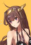  absurdres ahoge armpits bare_shoulders bikini black_bikini blush breasts brown_hair cleavage closed_mouth eyebrows_visible_through_hair hair_bun headgear highres kantai_collection kongou_(kantai_collection) long_hair looking_away looking_to_the_side medium_breasts motion_lines pleasure_mussel pouty_lips purple_eyes remodel_(kantai_collection) shiny shiny_hair shiny_skin simple_background sweatdrop swimsuit upper_body yellow_background 