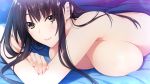  black_hair breasts brown_eyes closed_mouth eyebrows_visible_through_hair eyes_visible_through_hair game_cg iizuki_tasuku kisaragi_maaya large_breasts lips long_hair looking_at_viewer lying nude on_bed on_stomach onee-chan_no_yuuwaku smile solo 